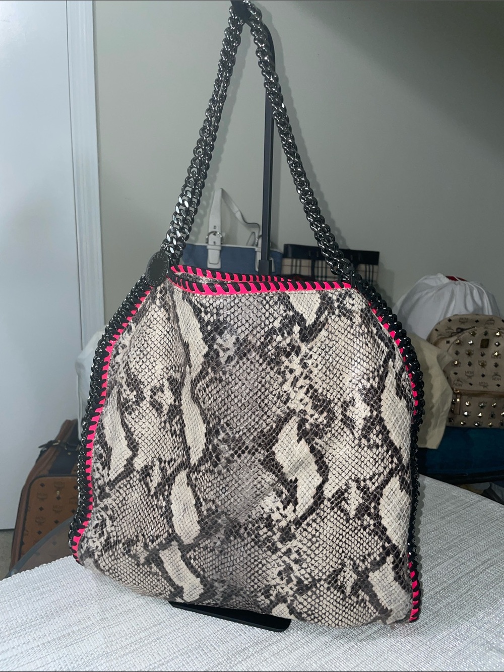 Stella McCartney iconic Falaballa Snake-Print Tote Bag with Neon Pink Trim